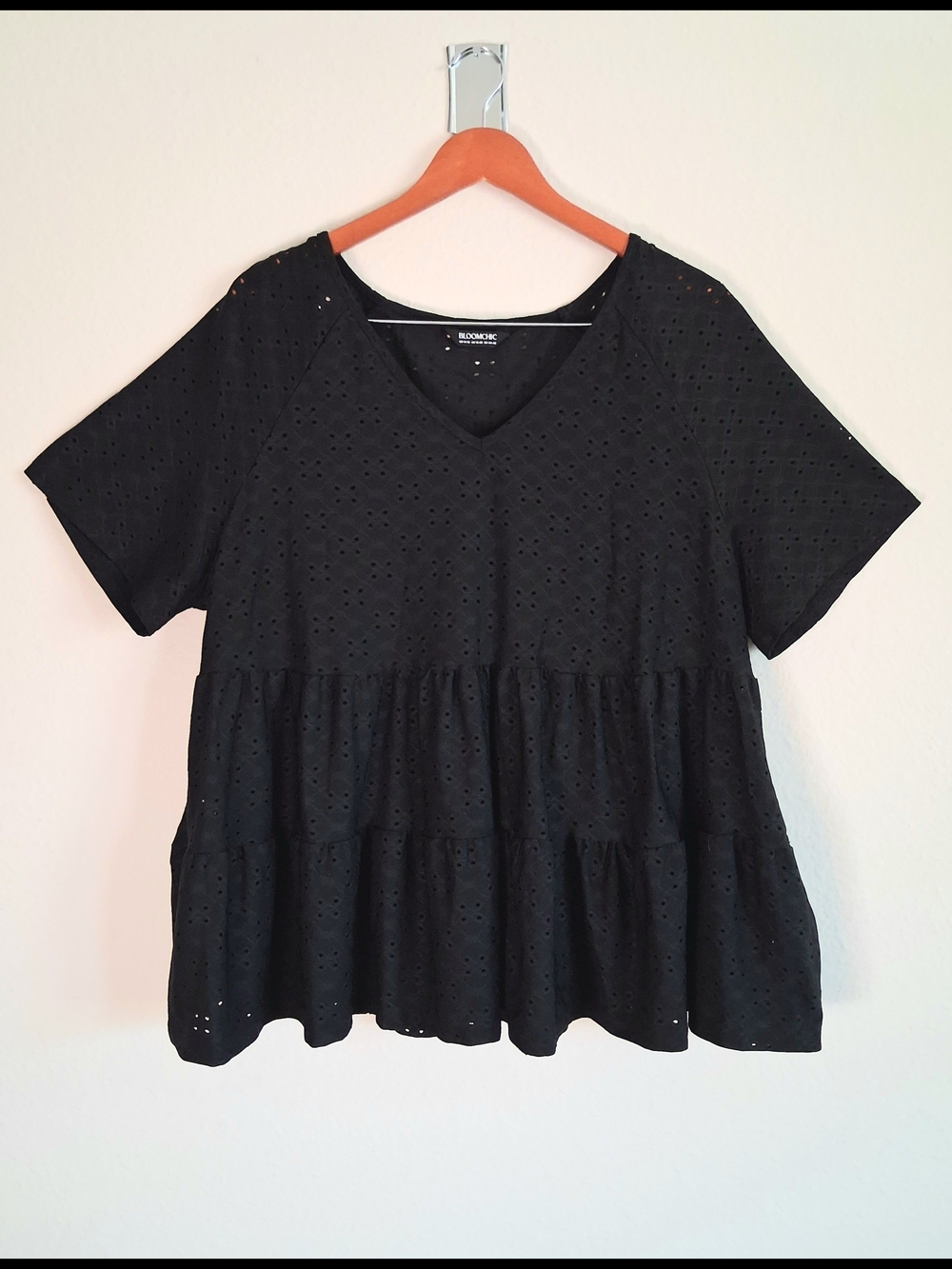 BloomChic Black Eyelet V-Neck Tiered Top